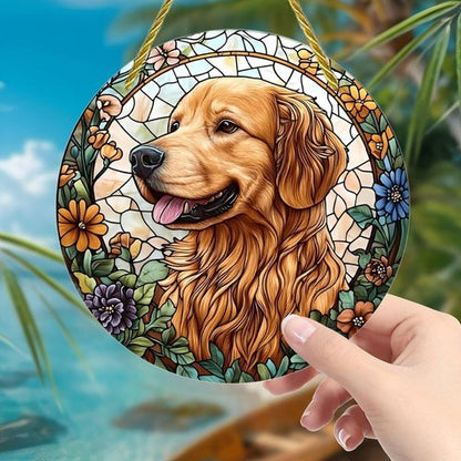 Golden Retriever Acrylic Suncatcher - 7-Inch Floral Stained Glass Window Art Decor | Perfect Gift & Garden Ornament