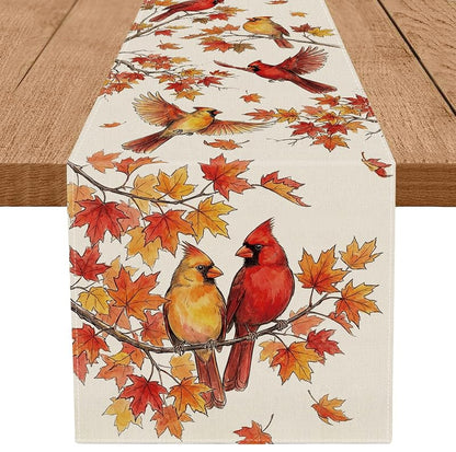 Fall Table Runner 13x72 Inch Cardinals Maple Leaf Burlap Autumn Decor