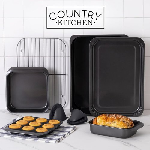 Country Kitchen Nonstick Bakeware Set - Deluxe Heavy Duty & Easy Release, 8 Pcs, Black
