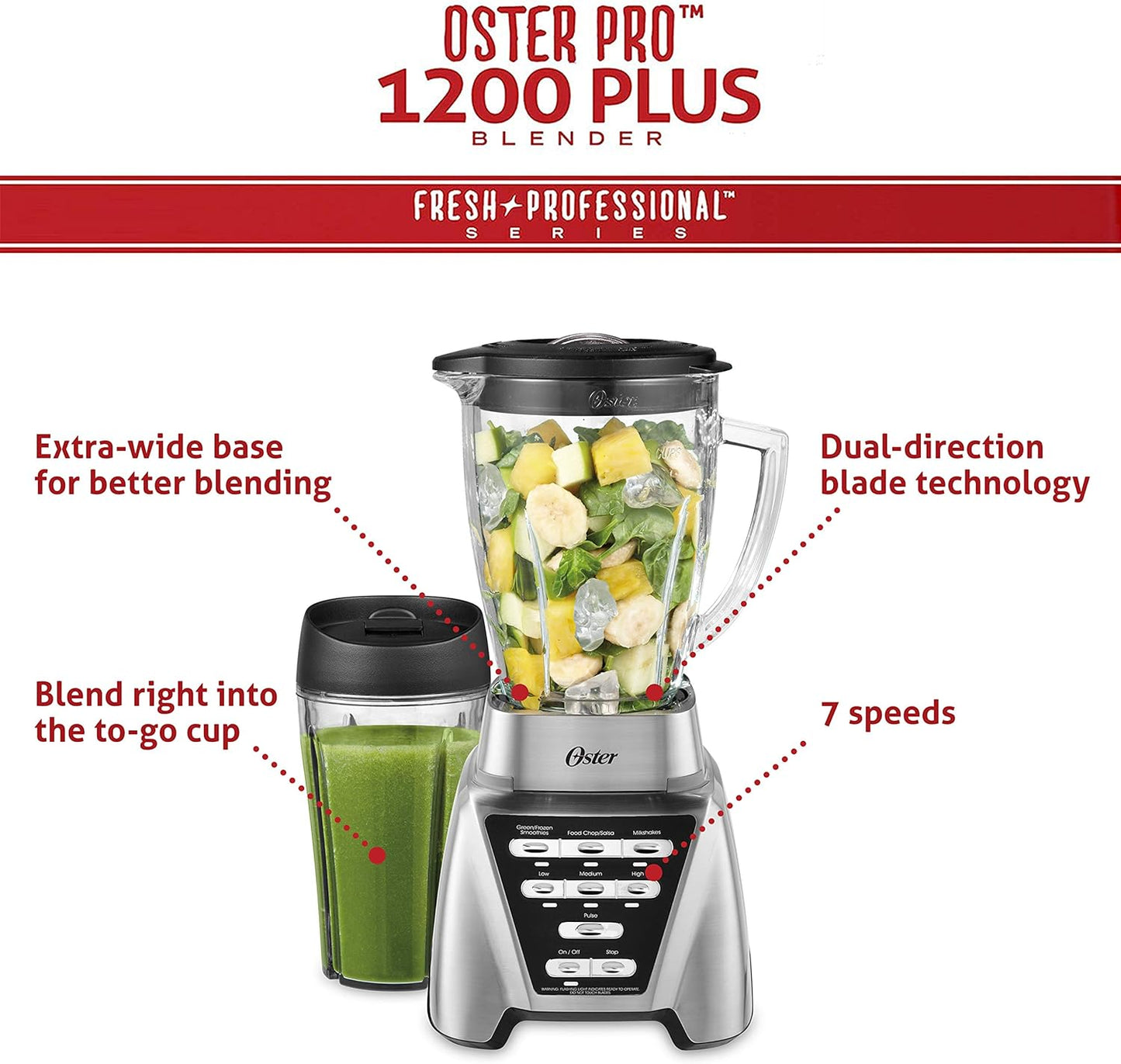 Oster Pro 1200 Blender - Smoothie Maker with Glass Jar & 24oz To-Go Cup | 7 Speeds, 1200W Power, Brushed Nickel