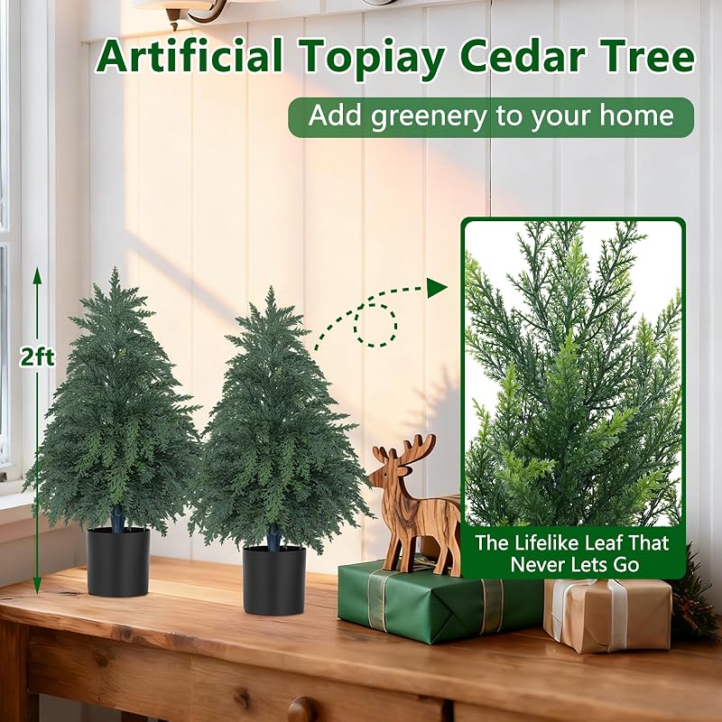 2FT Artificial Topiary Cedar Trees with Pot – 2 Pack, Faux Plants