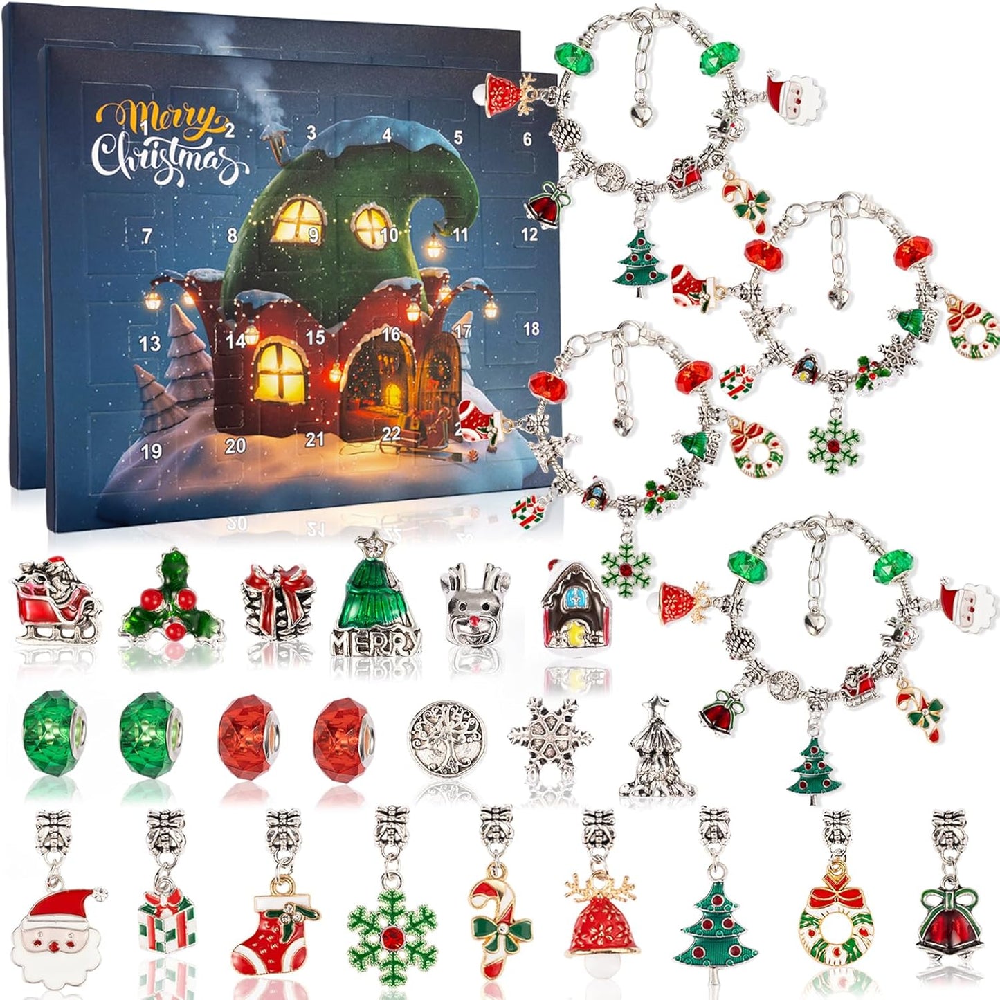 OuMuaMua Christmas Advent Calendar Bracelets - 24-Day DIY Jewelry Kit for Girls | 4 Bracelets & 44 Charms