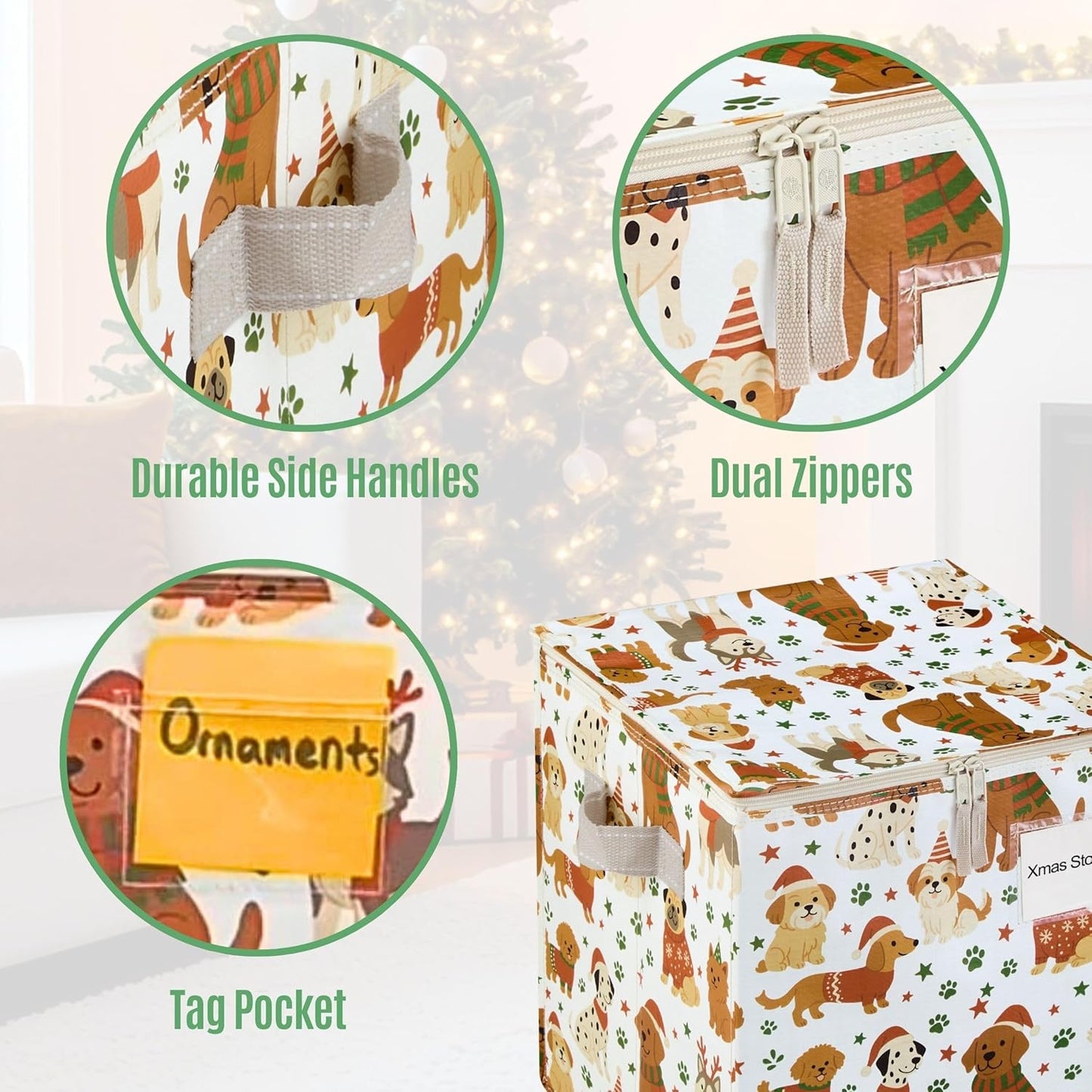 VENO Christmas Ornament Storage Box - 4 Pack, Holds 64 Ornaments, Adjustable Dividers, Zippered Top | Holiday Pups Design