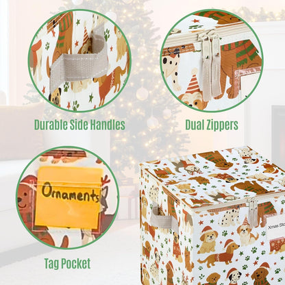 VENO Christmas Ornament Storage Box - 4 Pack, Holds 64 Ornaments, Adjustable Dividers, Zippered Top | Holiday Pups Design