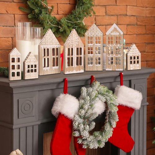 Briwooody 7-Piece Christmas Village Set - Wooden Gingerbread House Decor for Home & Office
