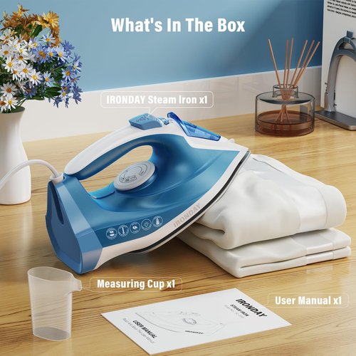 IRONDAY Steam Iron for Clothes Fast Heating, 1200W Iron with Non-Stick Ceramic Soleplate, Self-Cleaning, Burst of Steam, Spray Mist, 7.03oz Water Tank Ironing Clothes for Home, Blue