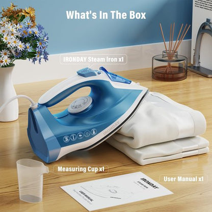 IRONDAY Steam Iron for Clothes Fast Heating, 1200W Iron with Non-Stick Ceramic Soleplate, Self-Cleaning, Burst of Steam, Spray Mist, 7.03oz Water Tank Ironing Clothes for Home, Blue