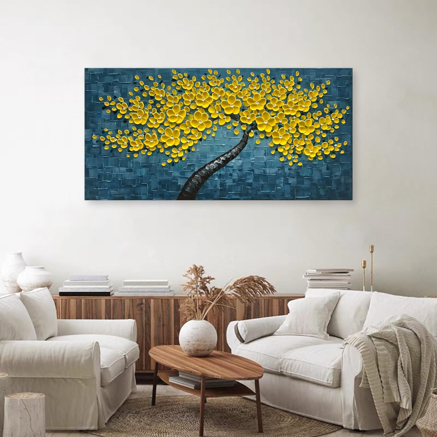 Epicler art 100% Hand Painted 3D Yellow Flower Tree Oil Painting Blue Canvas Texture Mural Living Room Bedroom Dining Room Mural 24x48 inches