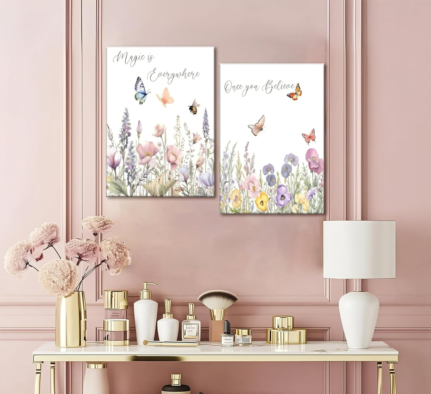 Skiennix Wildflower Nursery Canvas Wall Art - Inspirational Floral Paintings for Baby Room | 2-Piece Set