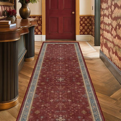 Boho 2x7 Long Runner - Washable Non-Slip Indoor Floor Mat in Dark Red Floral Design