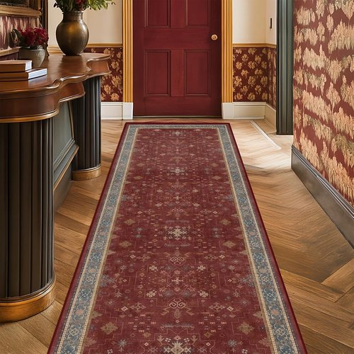 Boho 2x7 Long Runner - Washable Non-Slip Indoor Floor Mat in Dark Red Floral Design