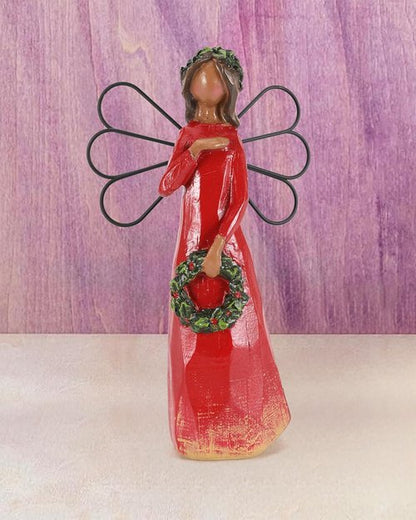 iStatue Christmas Angel Figurine - 6.7'' Hand-Painted Resin Sculpture with Wreath Ornament | Perfect Xmas Gift for Women & Girls (Red)