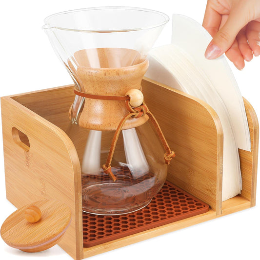 Bamboo Caddy with Lid & Heatproof Trivets Mat for Chemex CoffeeMakers - Designed for Chemex Pour - Over Glass Coffeemaker(3/5/6/8/10Cup), for Bodum Pour Over Coffee makers - Bamboo cup not included