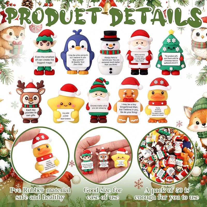 50 Pcs Mini Inspirational Christmas Figurines - Rubber Xmas Figures for Parties & Gifts - Variation: 50+Christmas
