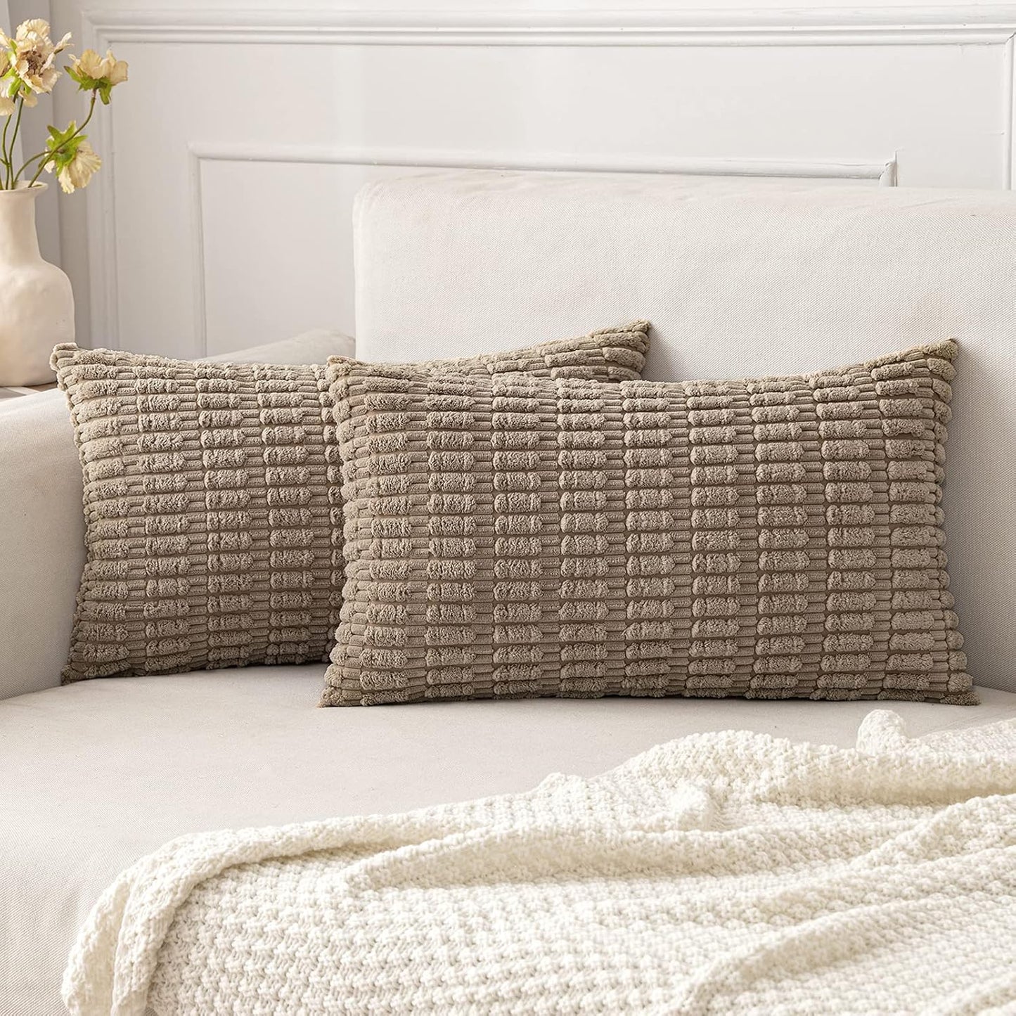 MIULEE Decorative Lumbar Throw Pillow Covers - Soft Boho Striped Design | 20x12 Inch Light Brown for Sofa & Living Room