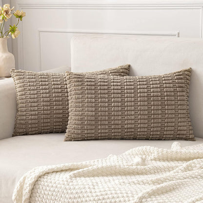 MIULEE Decorative Lumbar Throw Pillow Covers - Soft Boho Striped Design | 20x12 Inch Light Brown for Sofa & Living Room