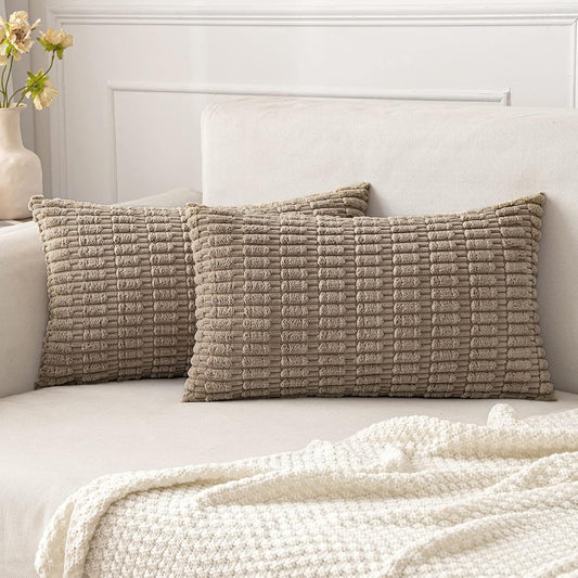 MIULEE Decorative Lumbar Throw Pillow Covers - Soft Boho Striped Design | 20x12 Inch Light Brown for Sofa & Living Room