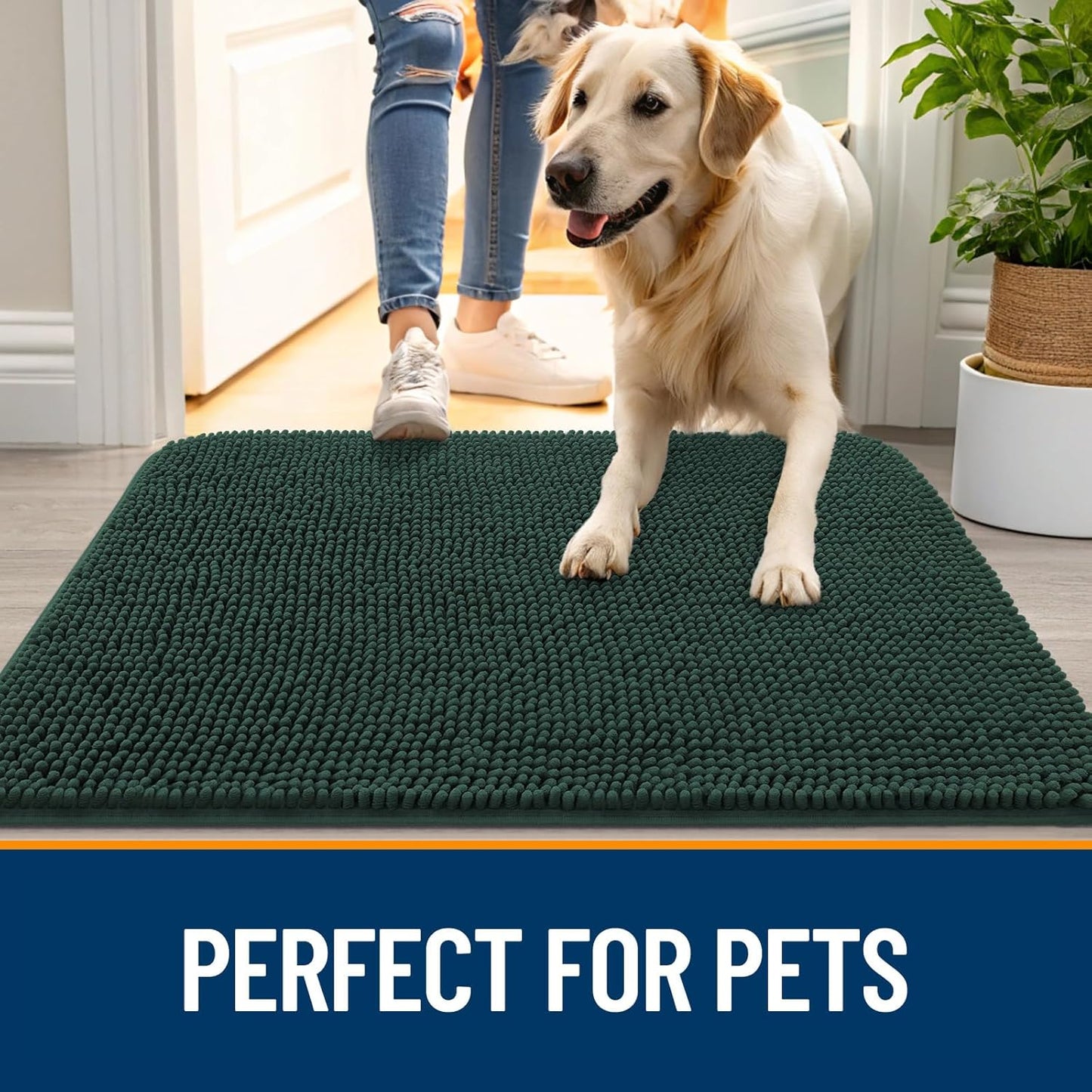 OLANLY Dog Door Mat - Absorbent Non-Slip Mud Mat for Indoor Use | 24x16, Quick Dry Chenille, Blackish Green