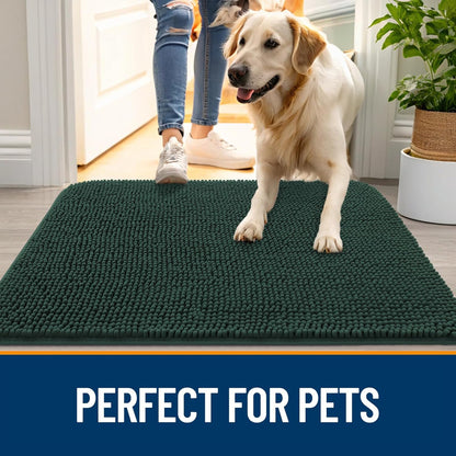 OLANLY Dog Door Mat - Absorbent Non-Slip Chenille Mat for Muddy Paws | 30x17 Inches, Blackish Green