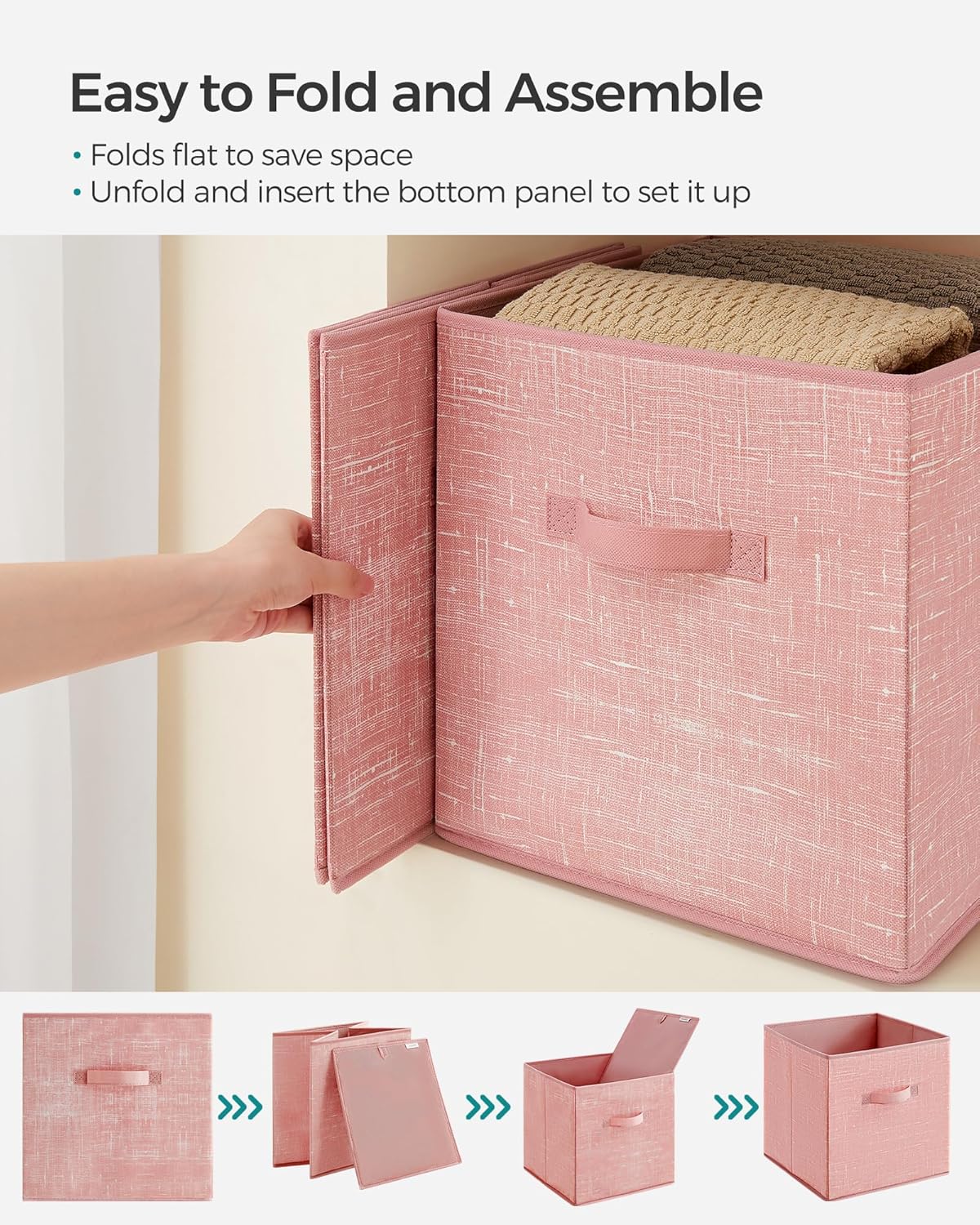 SONGMICS Storage Cubes - 13-Inch Foldable Non-Woven Fabric Bins with Double Handles | Set of 6 in Jelly Pink