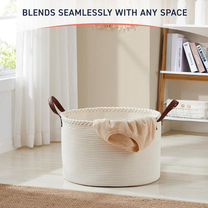 Organizix XLarge Round Cotton Rope Storage Basket Bin Organizer Laundry Hamper with Leather Handles, 21 x 21 x 14, Extra Large Blanket Woven Basket for Nursery - Cream