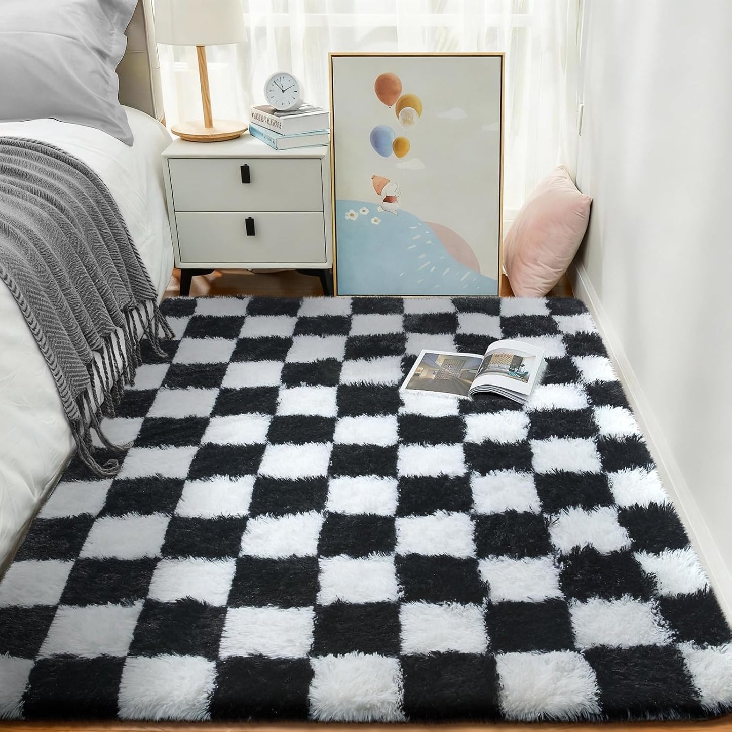 Ophanie Checkered Black & White Area Rug - Fluffy Soft Shaggy Carpet for Living Room & Bedroom | 4x6 Furry Decor