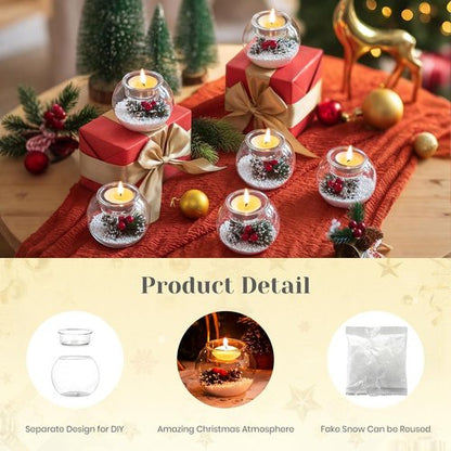 Hewory Tealight Candle Holders - Set of 6 Glass Holders with Red Berry & Pinecone | Christmas Table Decor