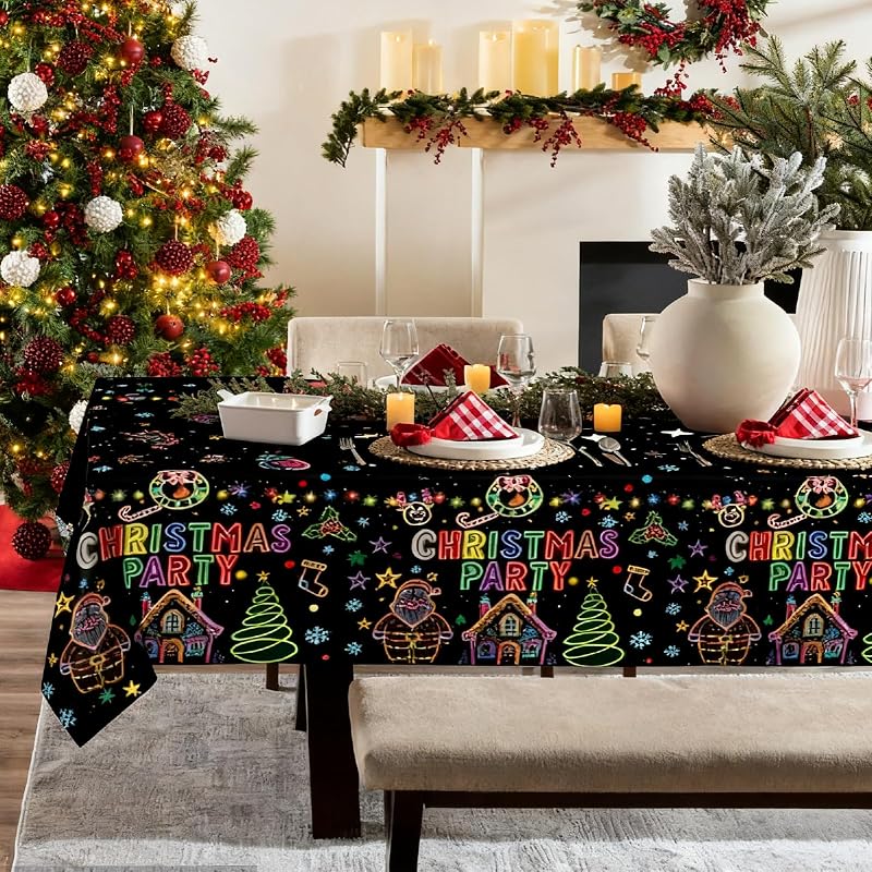 Disposable 54x108 Inch Christmas Tablecloths - 3 Pack Neons on Black Festive Holiday Cover