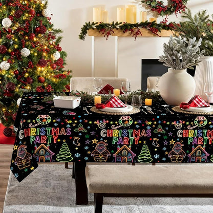 Disposable 54x108 Inch Christmas Tablecloths - 3 Pack Neons on Black Festive Holiday Cover
