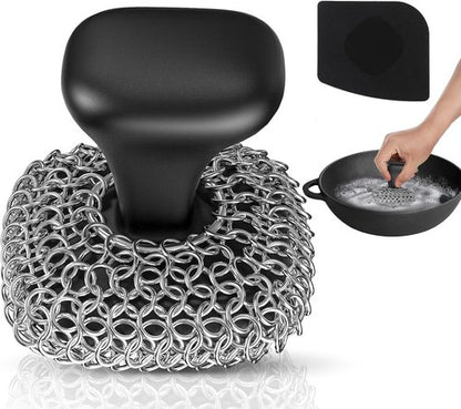 Cast Iron Scrubber - 316 Chainmail Cleaner for Pans & Skillets | Dishwasher Safe Cleaning Kit, Black