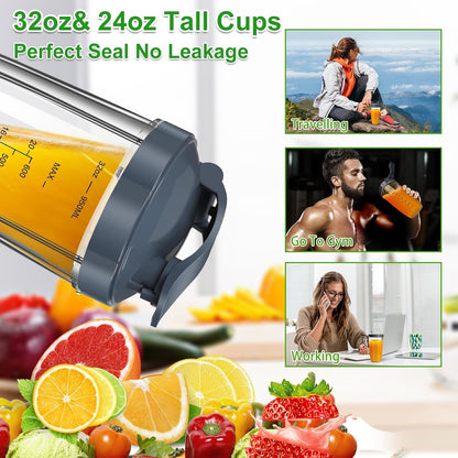 Nutribullet Replacement Blender Cups Set - 32oz & 24oz with To-Go Lid & Lip Ring | 6-Piece Accessory Kit