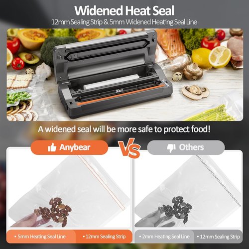 Anybear Vacuum Sealer Machine - 90kPa 120W All-in-One Food Storage with Built-in Cutter | Gray, 2 Bag Rolls & 5 Pre-Cut Bags