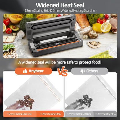 Anybear Vacuum Sealer Machine - 90kPa 120W All-in-One Food Storage with Built-in Cutter | Gray, 2 Bag Rolls & 5 Pre-Cut Bags