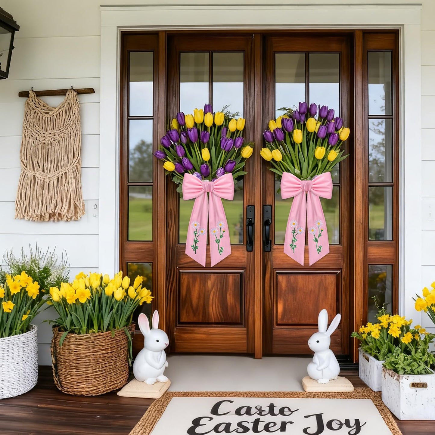 Skiennix 2 Pack Daisy Floral Wreath Sash - Embroidered Spring Ribbon Decor for Front Door | Pink