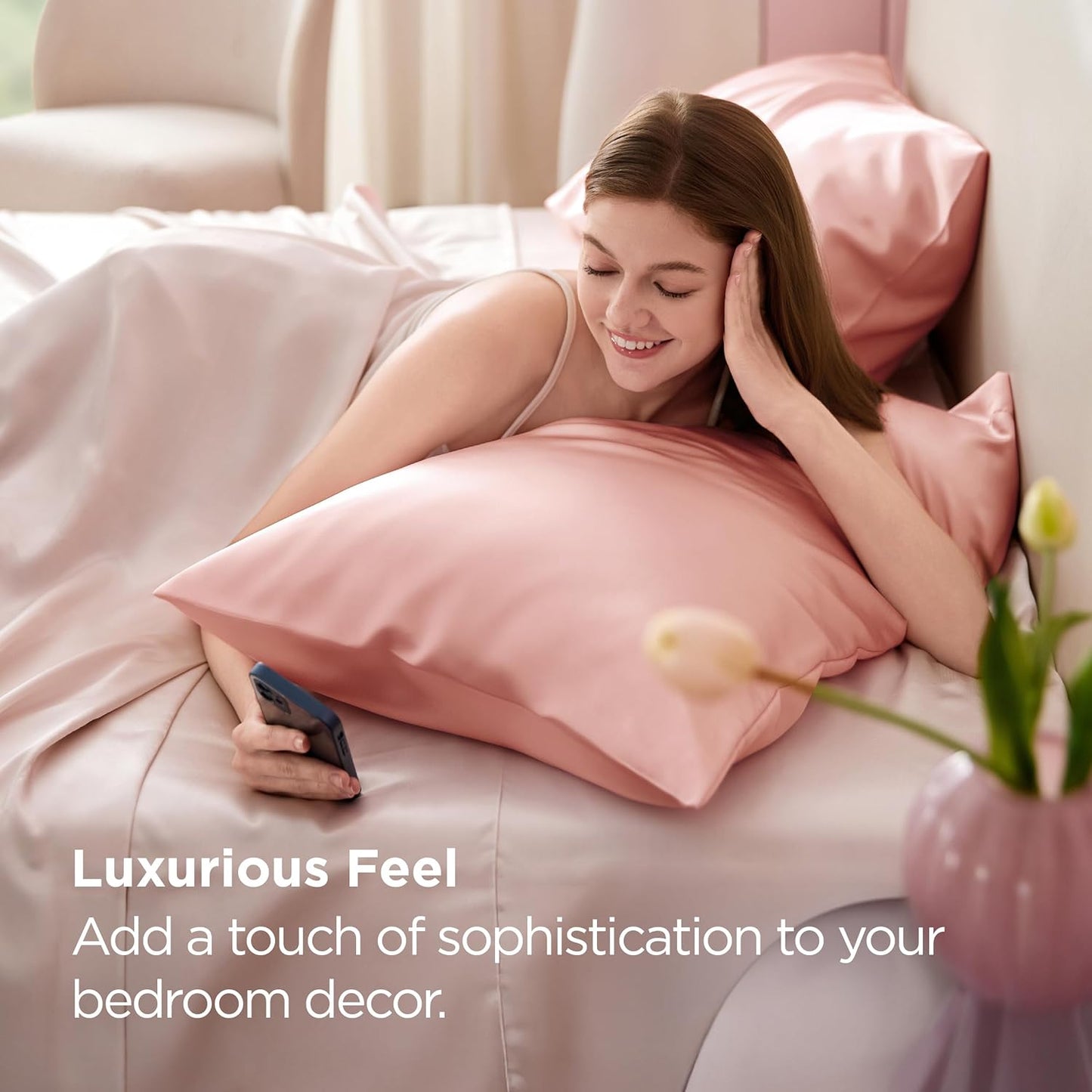 Bedsure King Size Satin Pillowcase Set of 2 - Peach Pink Silky Cases for Hair & Skin, 20x36 Inches