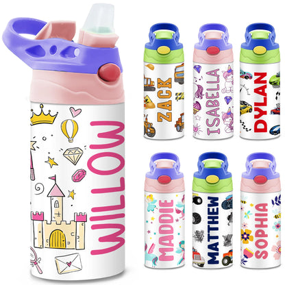 Personalized Kids Water Bottle | 12 Oz Double Wall Insulated Stainless Steel Tumbler | Custom Name Leak-Proof Cup with Straw | Back to School Gift for Toddlers, Children, Boys, Girls | Unicorn Design