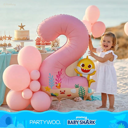 PartyWoo Baby Shark Pink Foil Number 2 Balloon - 5pcs 18-Inch Round Mylar Helium Birthday Decorations for Kids