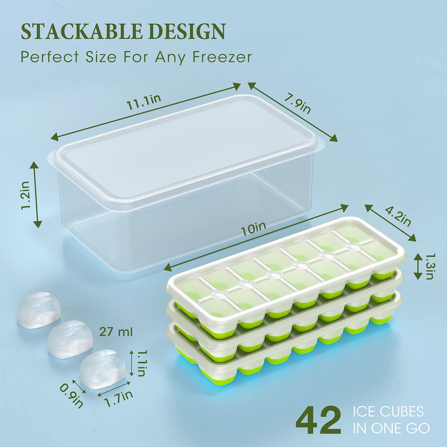 DOQAUS Ice Cube Tray with Lid and Bin, 3 Pack Silicone Plastic Ice Cube Trays for Freezer with Ice Box, Ice Trays with Ice Container, Stackable Ice Tray with Storage Ice Bucket,Ice Tong,Ice Scoop