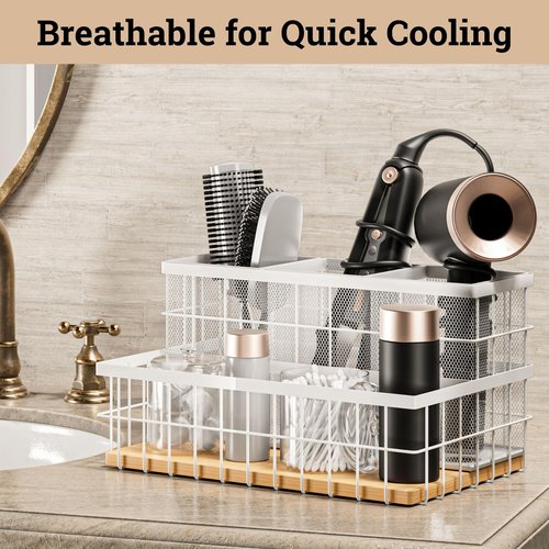 Hair Tool Organizer Countertop - Breathable Metal & Bamboo Hot Tools Organizer for Vanity - Hot Hair Tools Organizer Under Sink - Bathroom Hair Dryer Holder Countertop - Brush and Comb Holder Vanity