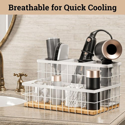 Hair Tool Organizer Countertop - Breathable Metal & Bamboo Hot Tools Organizer for Vanity - Hot Hair Tools Organizer Under Sink - Bathroom Hair Dryer Holder Countertop - Brush and Comb Holder Vanity