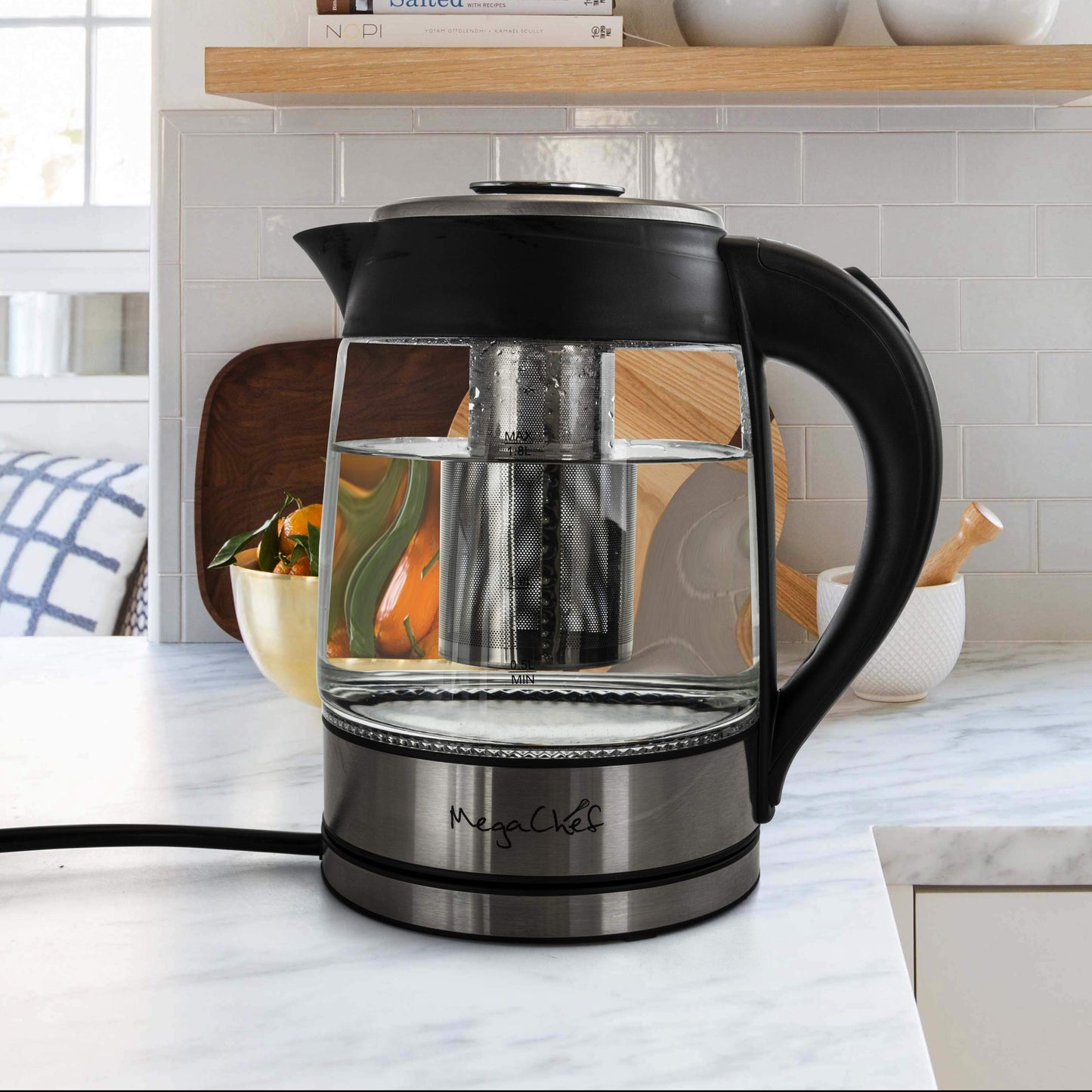 MegaChef 1.8Lt. Glass Body and Stainless Steel Electric Tea Kettle with Tea Infuser