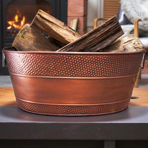 BREKX Copper Galvanized Tub for Indoor Firewood Storage Rack Log Holder - 25QT Heavy-Duty Portable Tub with Handles -Multi-Use for Planters, Blankets for Living Room, Etc
