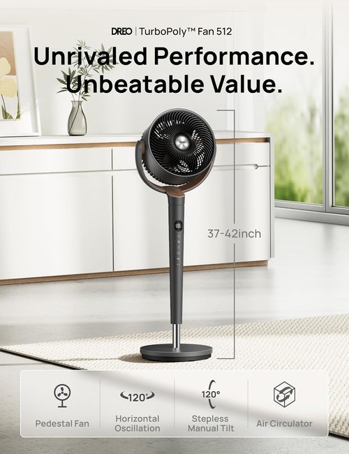 DREO Oscillating Floor Fan - Quiet 120° Pedestal Fan with 9 Speeds & 20dB Noise Level | Adjustable 37-42" Height