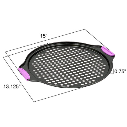 Amazing Abby - Chef Stacy - 13-Inch Non-Stick Pizza Pan with Holes, Perforated Pizza Crisper with Heat-Resistant Silicone Handle Grips, Oven-Safe Bakeware, Carbon Steel Baking Pan for Oven