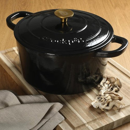 Crock Pot Artisan 7-Quart Round Cast Iron Dutch Oven - Durable Black Enamel Finish with Gold Knob