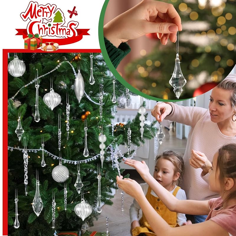 24 Pack Clear Christmas Ornaments - Glass Balls & Acrylic Drops Set