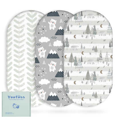 Yoofoss Bassinet Sheets - 3-Pack Fitted Baby Sheets for Halo & Angelbliss | Soft Grey Bear Design