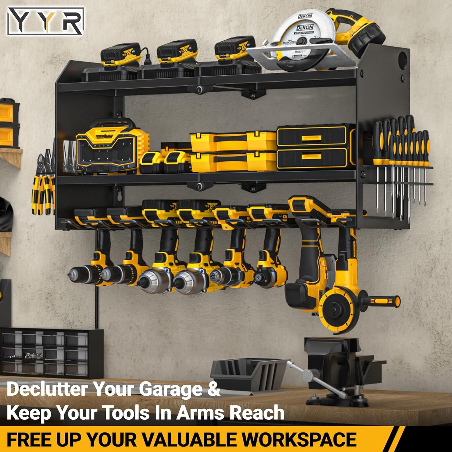 YYR Power Tool Organizer - Wall-Mounted Charging Station for Cordless Drills & Batteries | Black Storage Rack