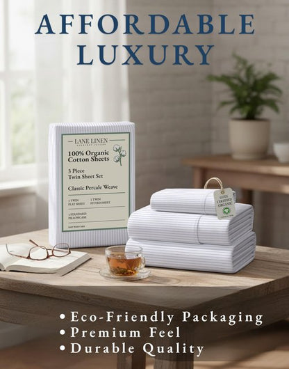 LANE LINEN 100% Organic Printed Cotton Sheets Twin Size, Classic Ticking Stripe Print (Available in Variety of Prints) Soft & Comfy Low Pill Fade Resistant Naturally Cooling Machine wash Twin Sheets