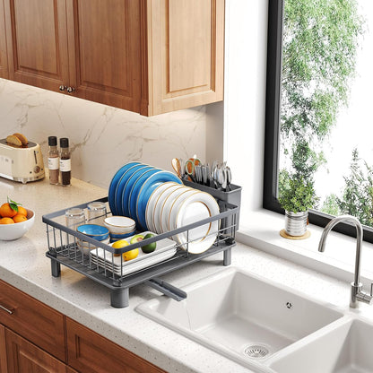 SNTD Dish Drying Rack - Stainless Steel Kitchen Counter Rack with Utensil Holder | 11" W x 15" L (Grey)